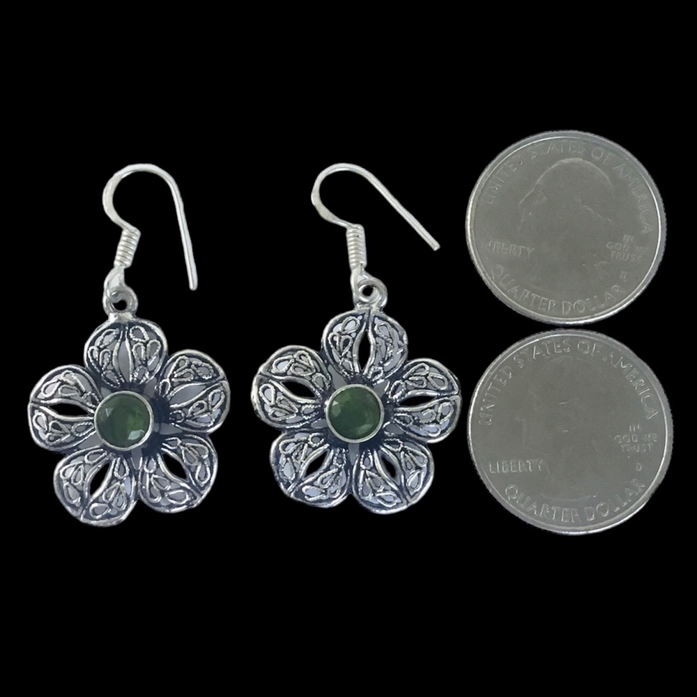 Peridot Gemstone Earrings Filigree Floral Blossom Flower Style Drop Dangle - Picture 4 of 5